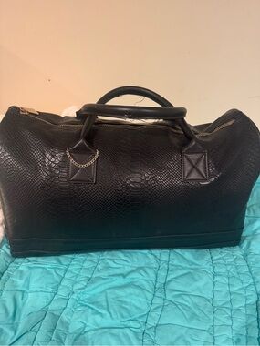 Black Faux-Snake Leather Duffel Bag with Top Handles
